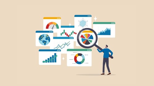 Illustration of person holding a magnifying glass over data, blogpost about the importance of R&D in Corporate Innovation
