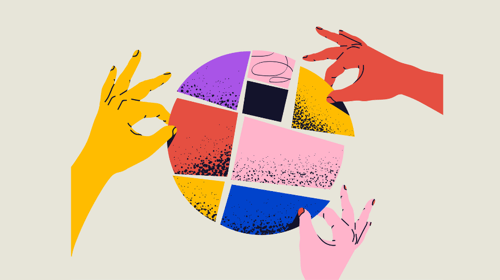 Illustration of hands that put together parts of abstract round shape. Blogpost about external collaboration in innovation.