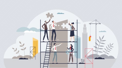 Company evolution with teamwork and effective problem solving vector illustration to represent business model innovation.