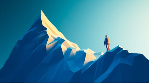 Illustration of person standing on a mountain looking at the tip of the mountain.