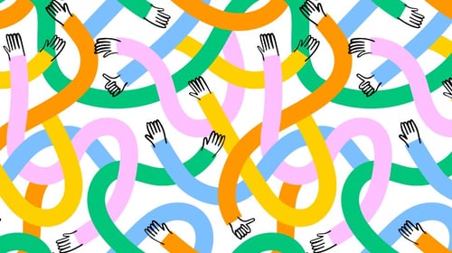 Diverse colorful people hands together seamless pattern illustration. Business teamwork.