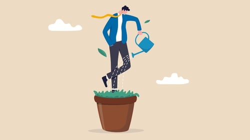 Illustration of a person standing on a patch of grass and watering it. Experiential learning blogpost.