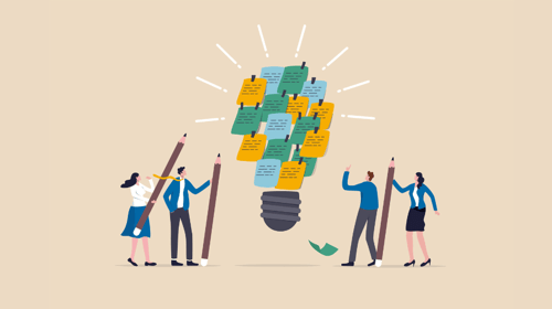 business people brainstorm with sticky notes combined to bright lightbulb, blogpost about ideation in innovation.