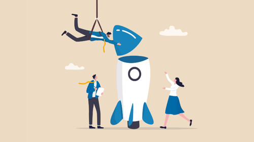Creative businessman and woman coworker support each other help building rocket. Blogpost about Innovation vs Invention.