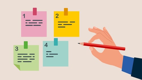 Holding pencil categorized sticky notes. Sorting important or urgency tasks, prioritize work for project management.