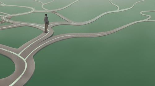Lonely man with floating road; conceptual artwork.