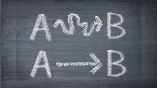 Letters written on a blackboard. Straight arrow and a curved arrow. Blogpost about streamlining the corporate innovation process.