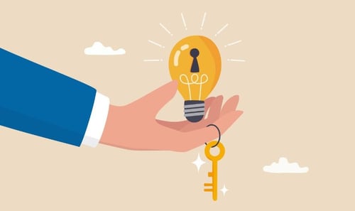 Businessman hand giving bright lightbulb idea with keyhole and golden key to unlock it.