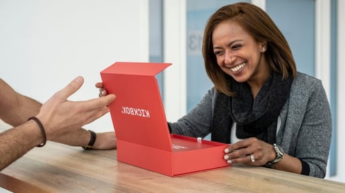 Women opening a red Box that says 'KICKBOX' on it, and smiling. Blogpost about the Kickbox innovation method and the KICKBOX Intrapreneurship program.
