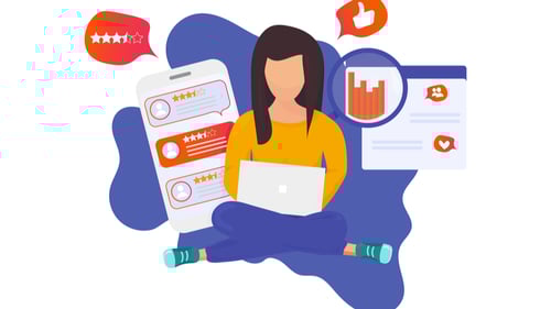 a customer sits surrounded by analytics and feedback meant to represent customer-centric innovation