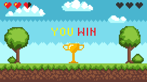 You win written on a pixelated video game screen signifying gamification.