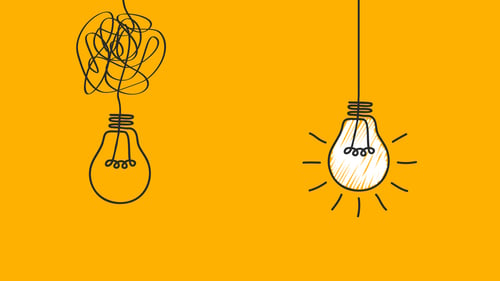 an unlit lightbulb with a tangled cord sits alongside a lit lightbulb with an untangled cord to represent the pros and cons of innovation