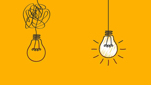 an unlit lightbulb with a tangled cord sits alongside a lit lightbulb with an untangled cord to represent the pros and cons of innovation
