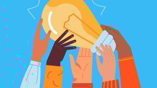 many hands hold up a lit lightbulb to represent crowdsourcing innovation marketing 