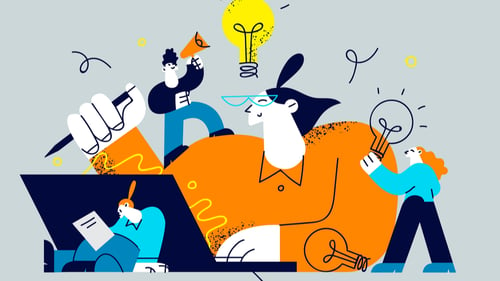 cartoon coworkers collaborate with one another using the open innovation platform business model