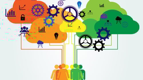 People stand together beneath a cloud of colorful icons representing innovative collaboration tools.