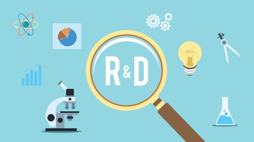 a magnifying glass zooms up on the acronym R&D surrounded by science-themed icons to represent identifying the differences between R&D and innovation
