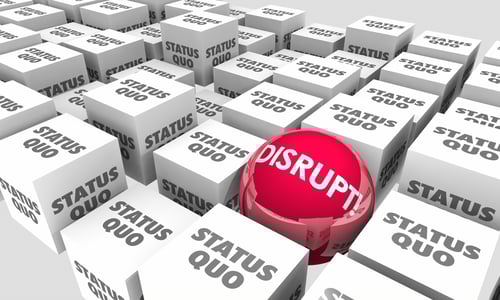 White buttons that say status quo with one standout red button that says disrupt to signify disruptive innovation in business. 