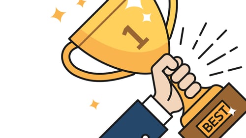 Illustration of person holding a trophy triumphantly up in the air. Blogpost about employee reward programs.